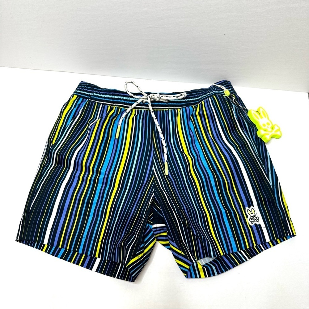 NWT $140 Psycho Bunny Trunks Adkins Navy Striped Swim Shorts Mens XXS w/ Pouch